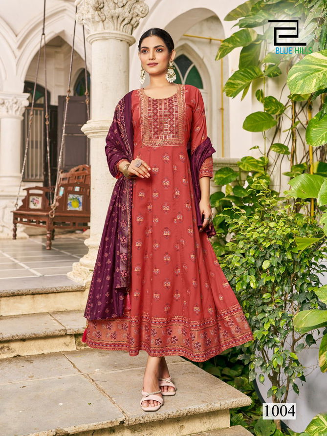 Senorita Special  By Blue Hills Rayon Printed Anarkali Long Kurti With Dupatta Wholesale Online